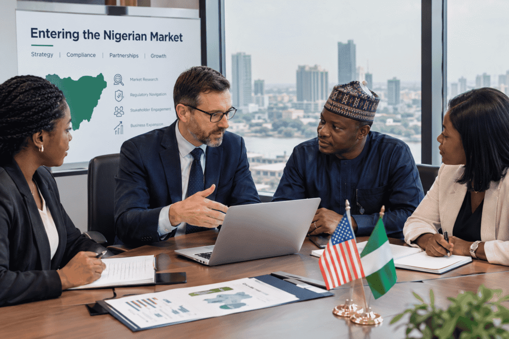 Business team reviewing Nigeria market entry strategy and regulatory requirements
